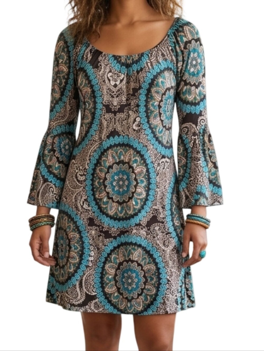 Boho 70s Bell Sleeve Paisley Mandala Mini Dress S Teal Brown JAMES C